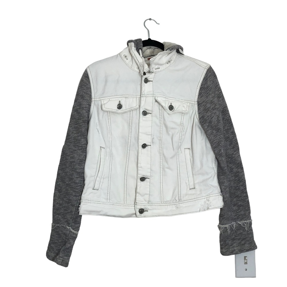 Free People White Distressed Denim Knit Sleeves Removable Hood Jacket Large